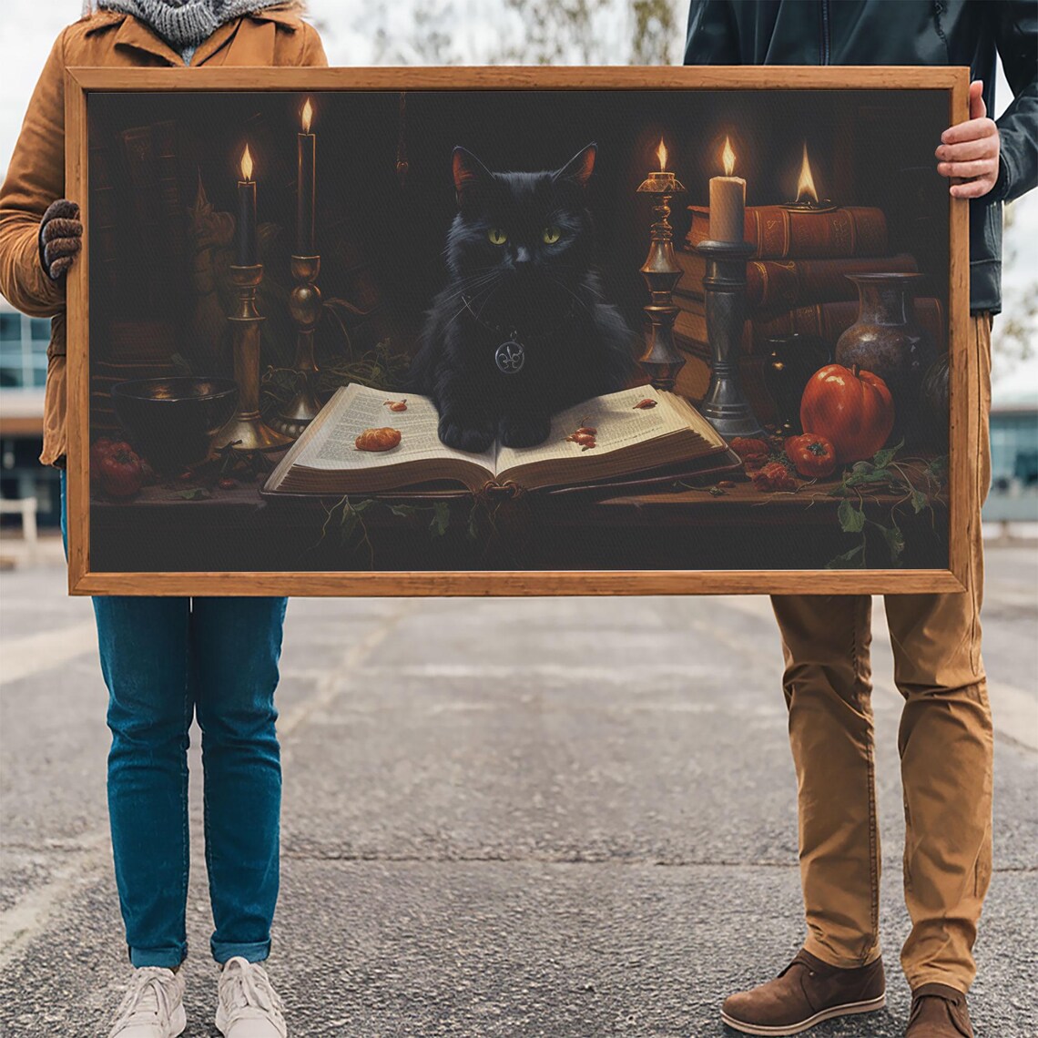 Black Cat Witch Familiar Spell Book Candlelight Dark Academia Poster - Image 2