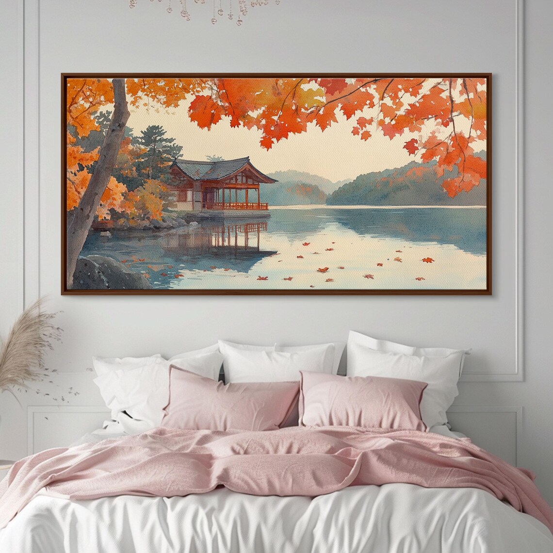Autumn Japanese Lake House Red Maple Trees Watercolor View Poster - Image 2