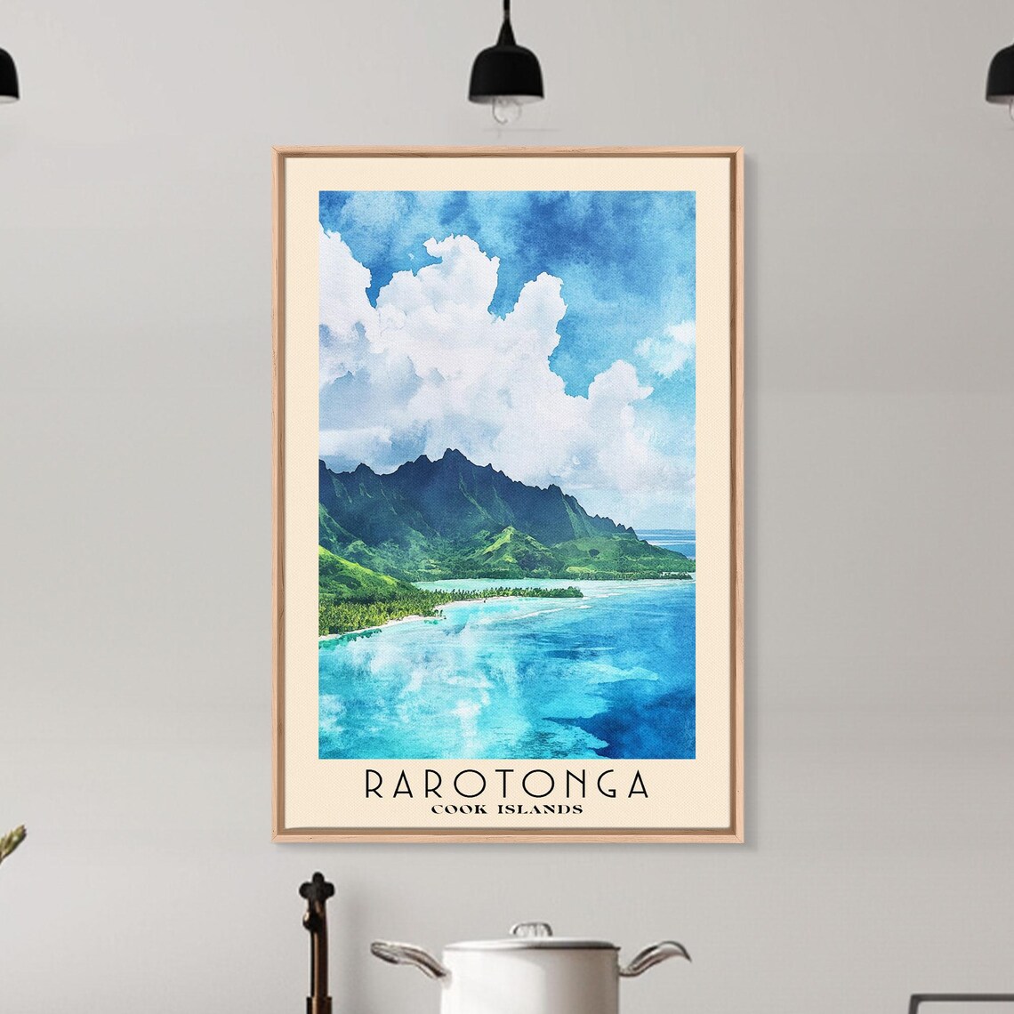 Rarotonga Cook Islands Volcanic Peak Lagoon Watercolor Travel Poster