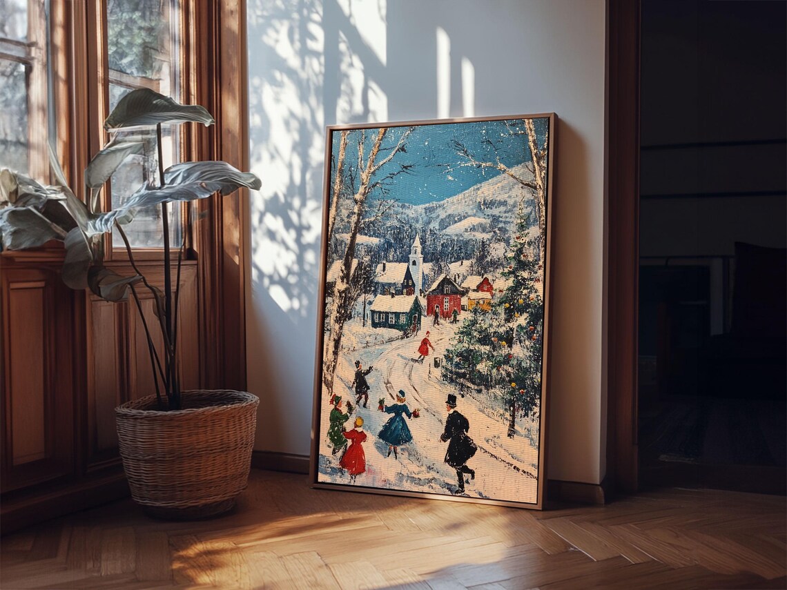 Ice Skaters Snowy Christmas Village Mountain Street Vintage Art Poster - Image 5