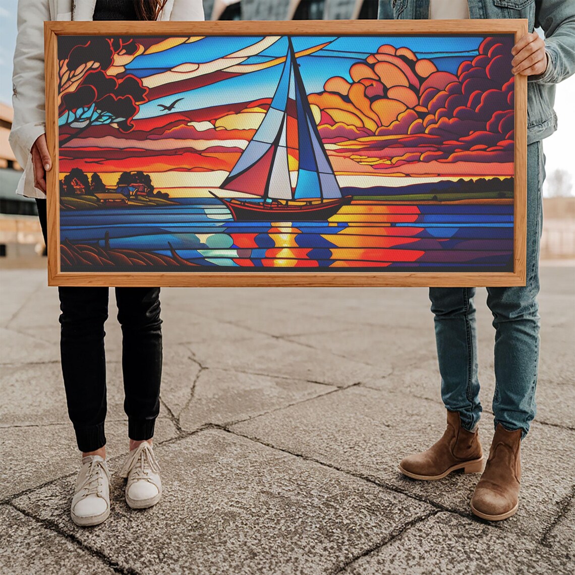 Stained Glass Sailboat Sunset Vibrant Orange Red Blue Nautical Poster - Image 5