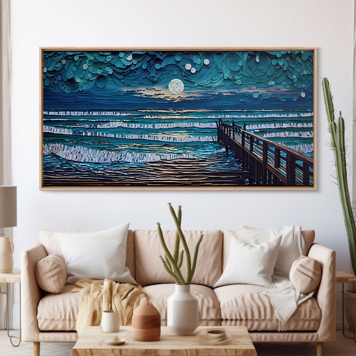 Full Moon Over Beach, Lighthouse Coastal Art Print - Image 3