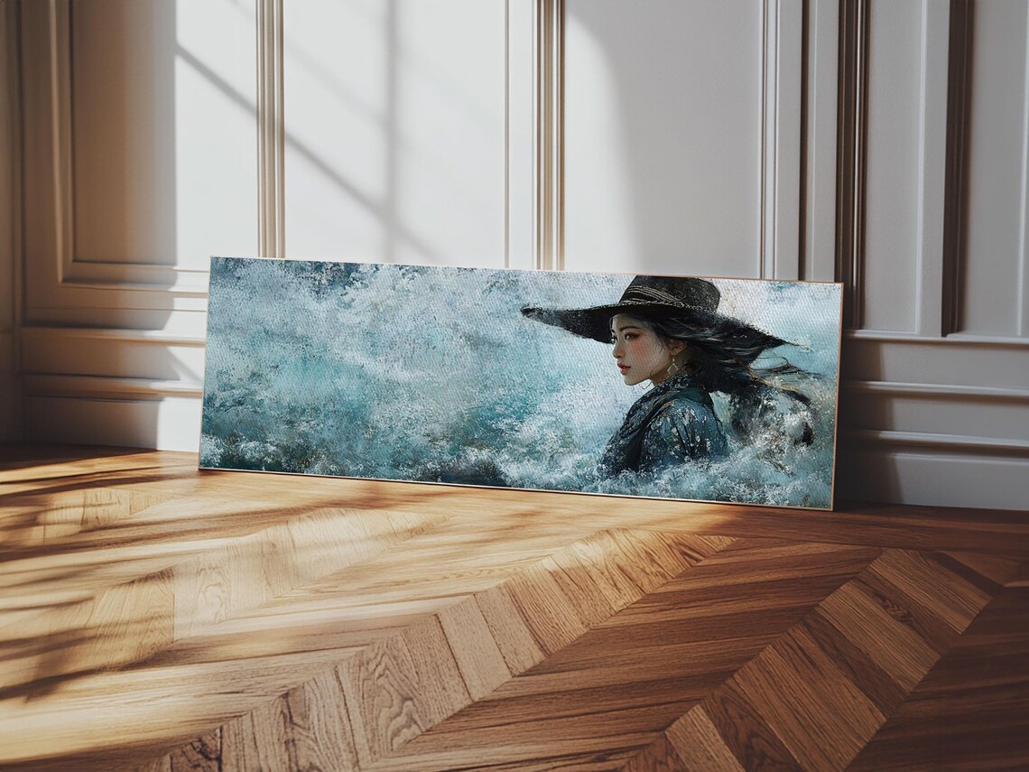 Ocean Woman Wide Brim Hat Waves Painting Coastal Blue Wall Poster - Image 5