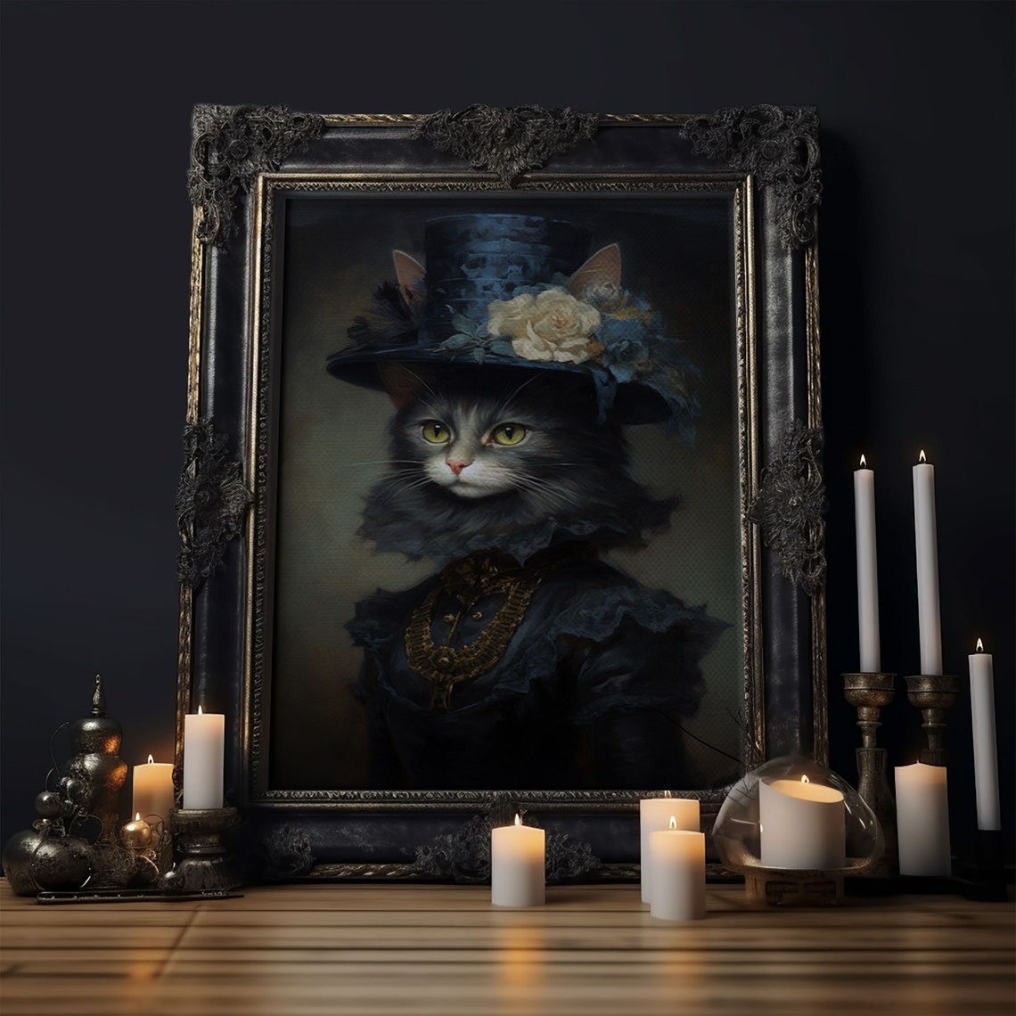 Victorian Cat Portrait In Blue Top Hat With Roses Gothic Wall Art