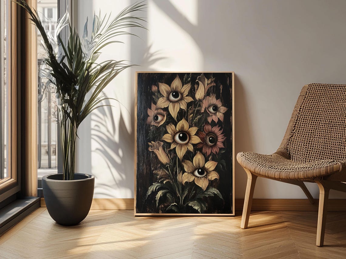 Surreal Flowers With Eyes Dark Gothic Botanical Painting Print - Image 2