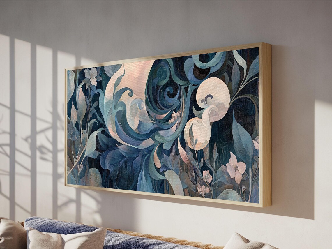 Moody Blue Art Nouveau Floral Moonlit Botanical Dark Wall Poster - Image 2