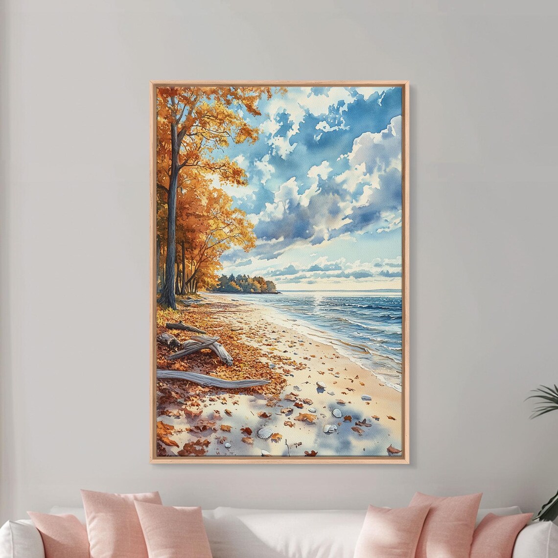 Autumn Beach With Fallen Leaves Driftwood Shore Scene Poster