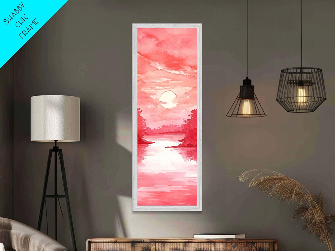 Pink Sunset Lake Watercolor Landscape Painting Vertical Wall Art - Image 3