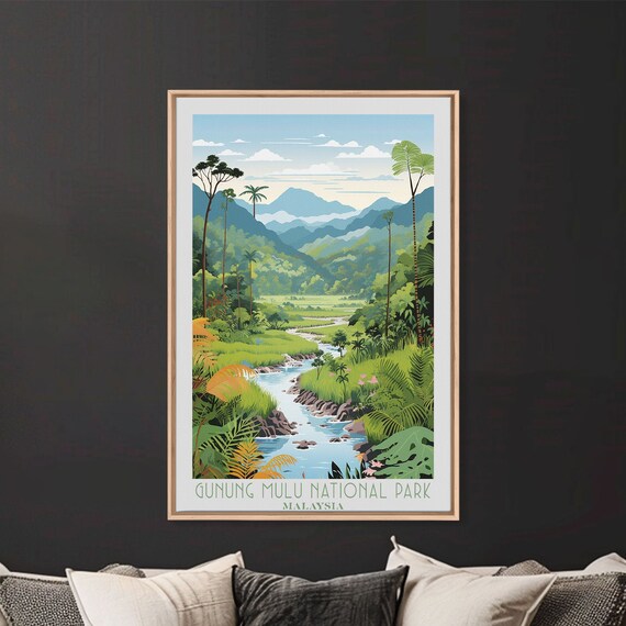 Gunung Mulu Malaysia Rainforest River Valley Mountain View Travel Poster