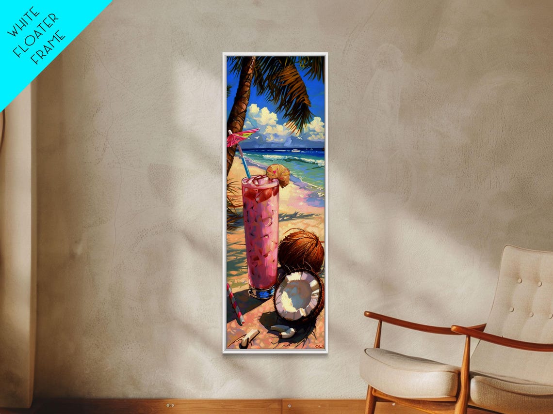 Tropical Pink Cocktail Coconut Palm Beach Scene Kitchen Bar Wall Art - Image 2