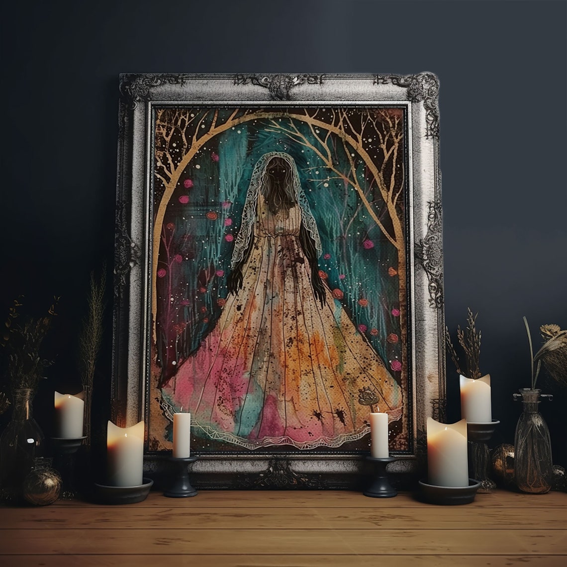 Veiled Ghost Lady Colorful Gown Dark Forest Halloween Art Poster