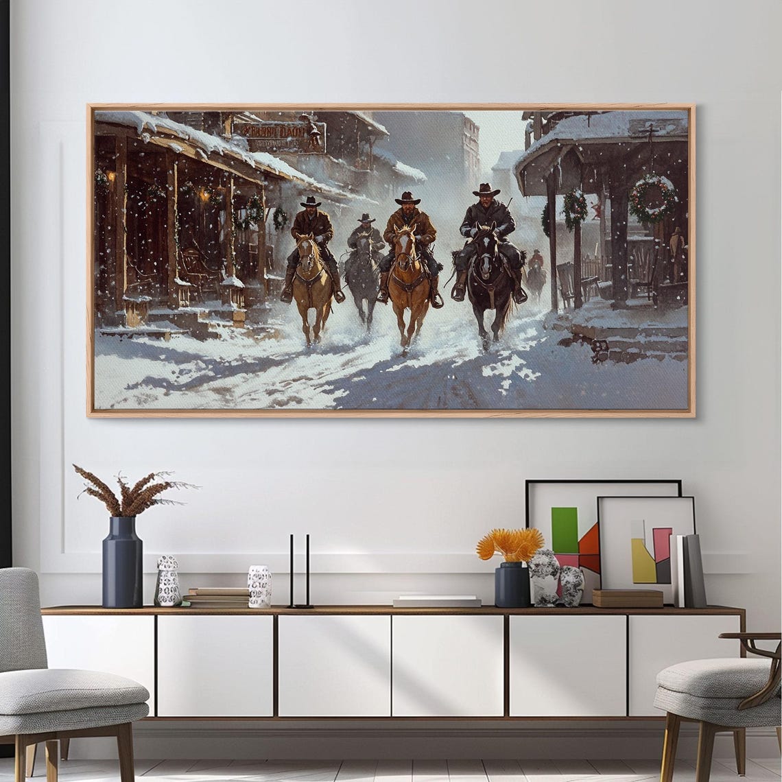 Cowboys Riding Through Snowy Christmas Western Town Art Print - Image 3