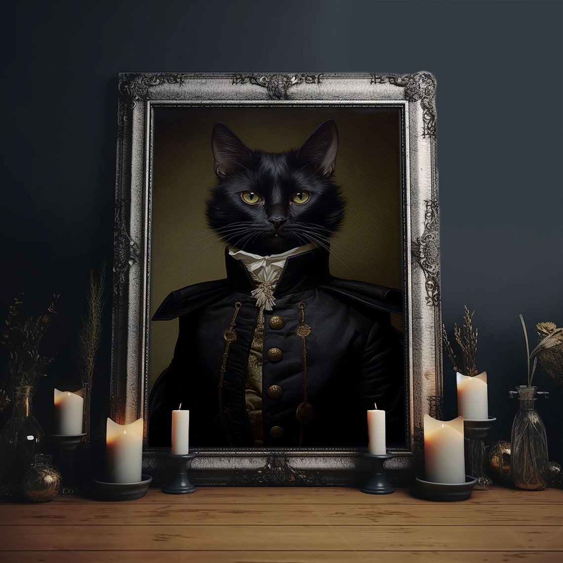 Admiral Meow Reporting For Duty Victorian Cat Portrait Art Framed Print Gothic Dark Academia Wall Art