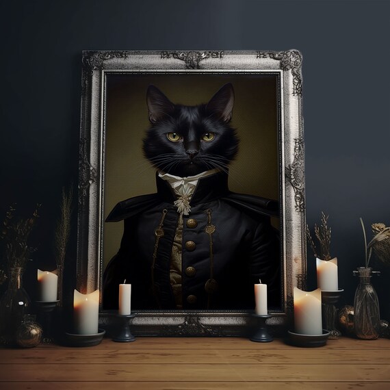 Admiral Meow Black Cat Portrait Military Coat Funny Gothic Art Print