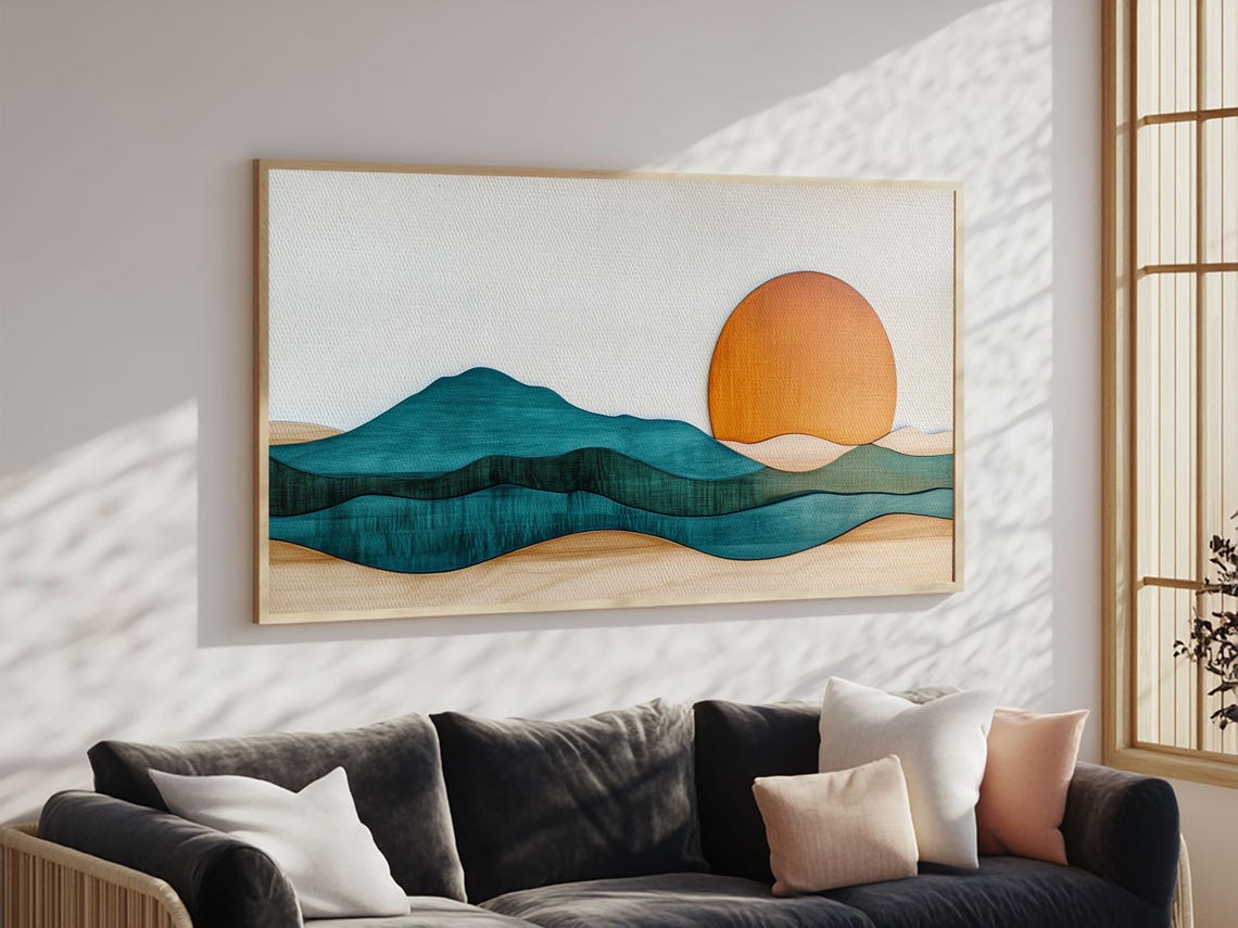 Minimalist Boho Sunset Mountain Waves Teal Orange Landscape Poster