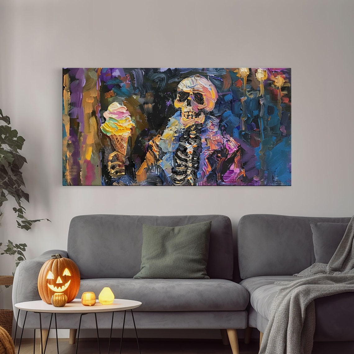 Skeleton Eating Ice Cream Cone Colorful Impasto Halloween Art Print - Image 4