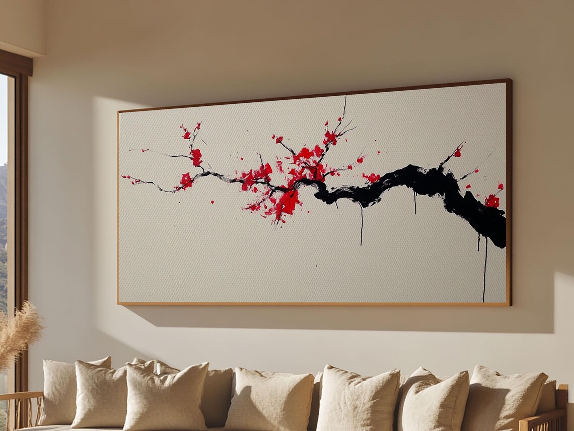 Cherry Blossom Branch Ink Painting Red Blooms Japanese Sumi Art Print - Image 4