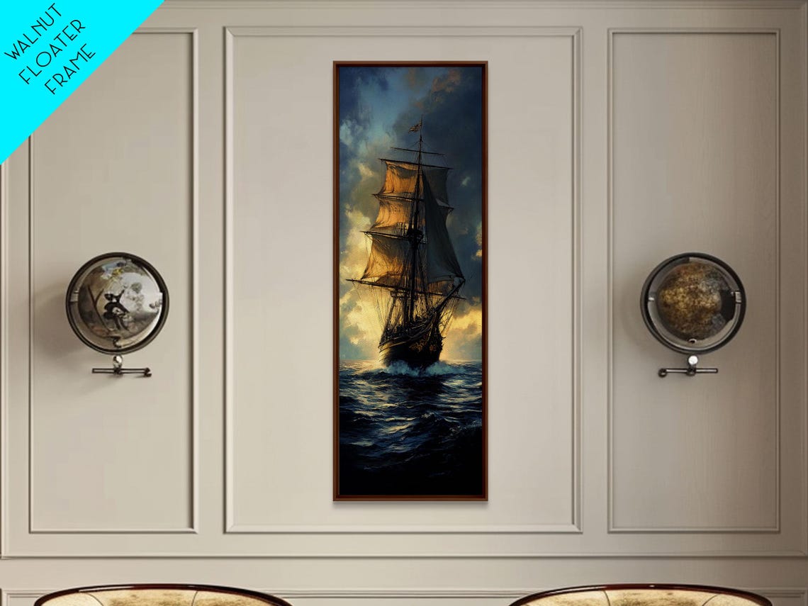 Vintage Tall Ship Sailing Ocean Waves Golden Sunset Nautical Poster - Image 3