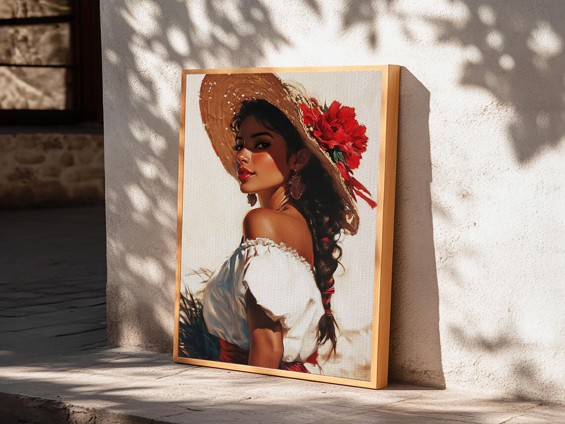 Mexican Woman Straw Hat Red Flowers Romantic Portrait Wall Art Poster - Image 5