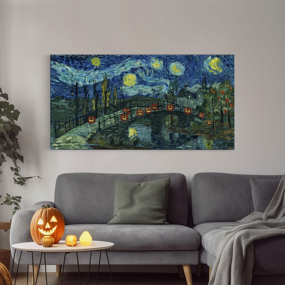 Starry Night Victorian Bridge Jack O Lanterns Swirling Sky Halloween Poster - Image 4