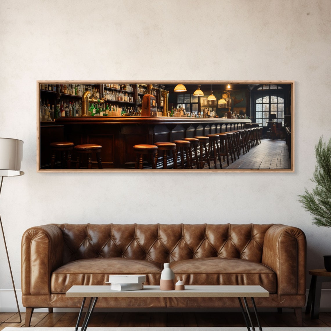 Vintage Pub Bar Interior Wooden Stools Brass Taps Warm Moody Wall Art