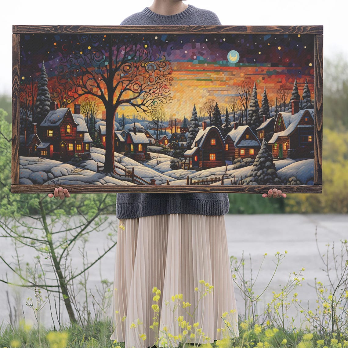 Whimsical Christmas Village At Night Under Swirling Starry Sky Poster - Image 2