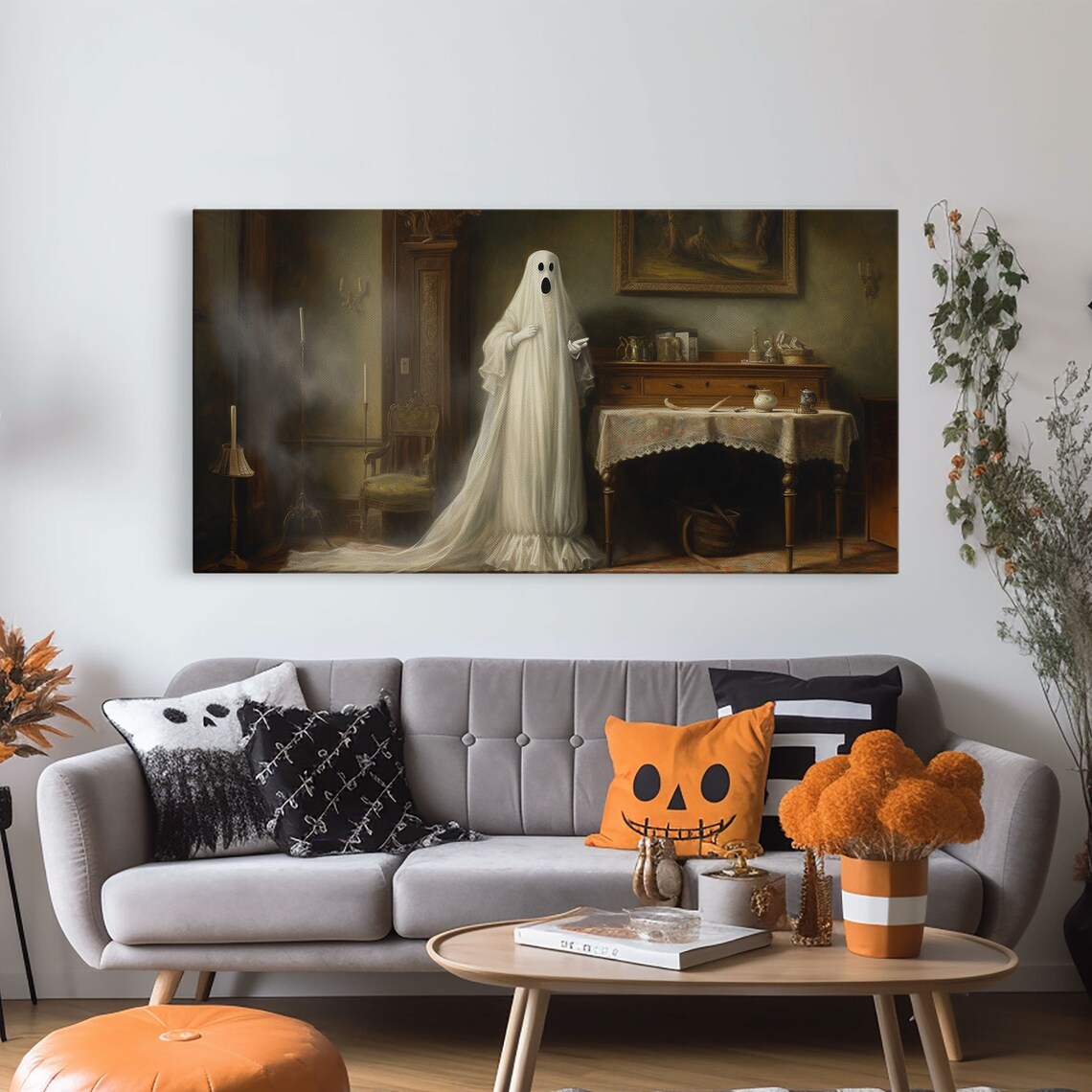 Sheet Ghost Victorian Parlor Standing Spooky Oil Painting Halloween Art Poster - Image 6
