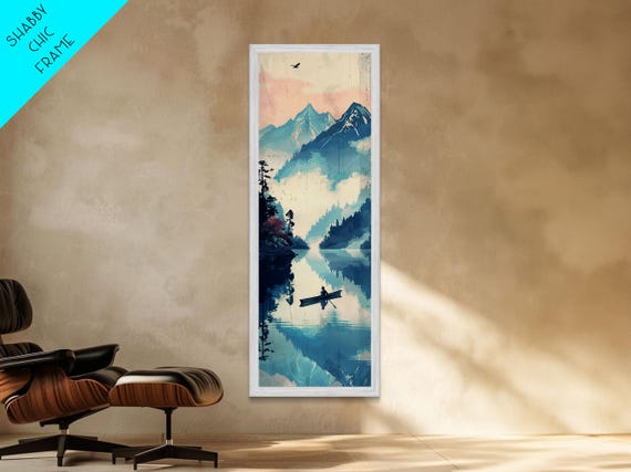 Serene Rowboat On A Misty Lake With Mountains Framed Print Showcasing Skinny Art With Ukiyo E Art And Japanese Style Art Tall Art
