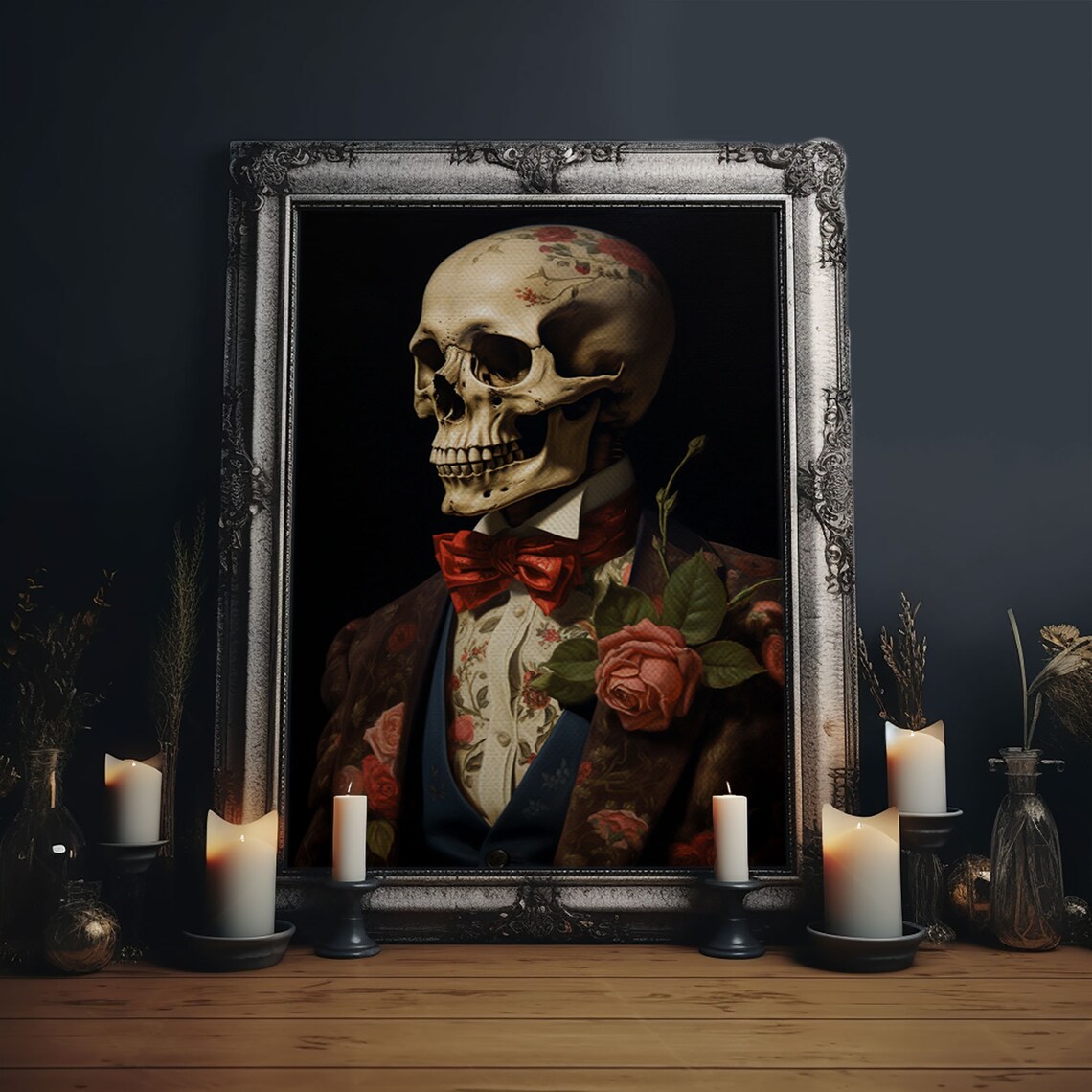 Floral Skeleton Portrait Red Bow Tie Rose Gothic Halloween Art Print - Image 6