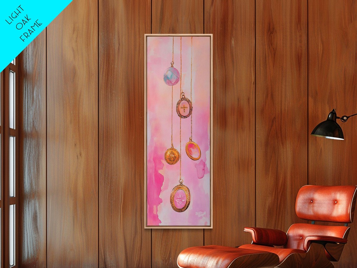 Pink Gemstone Pendant Necklaces Watercolor Gold Chains Vertical Art Poster - Image 4