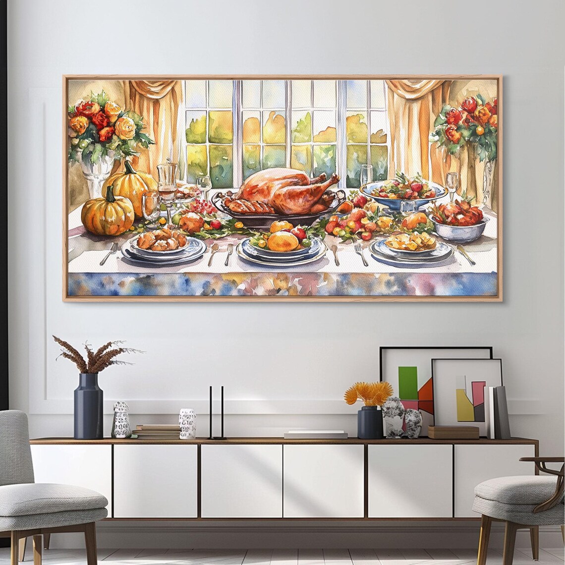 Autumn Thanksgiving Dinner Table Feast Turkey Pumpkins Watercolor Art Poster - Image 6