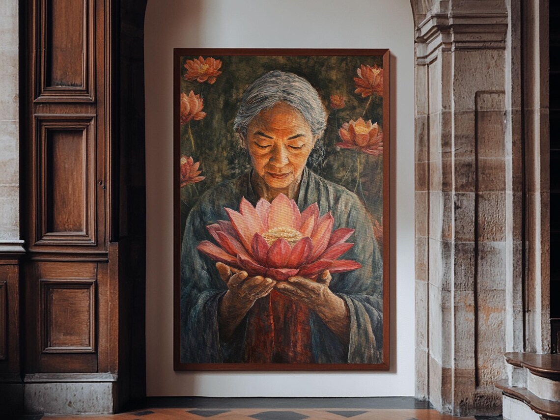 Elderly Woman Holding Lotus Flower Spiritual Zen Painting Poster - Image 3