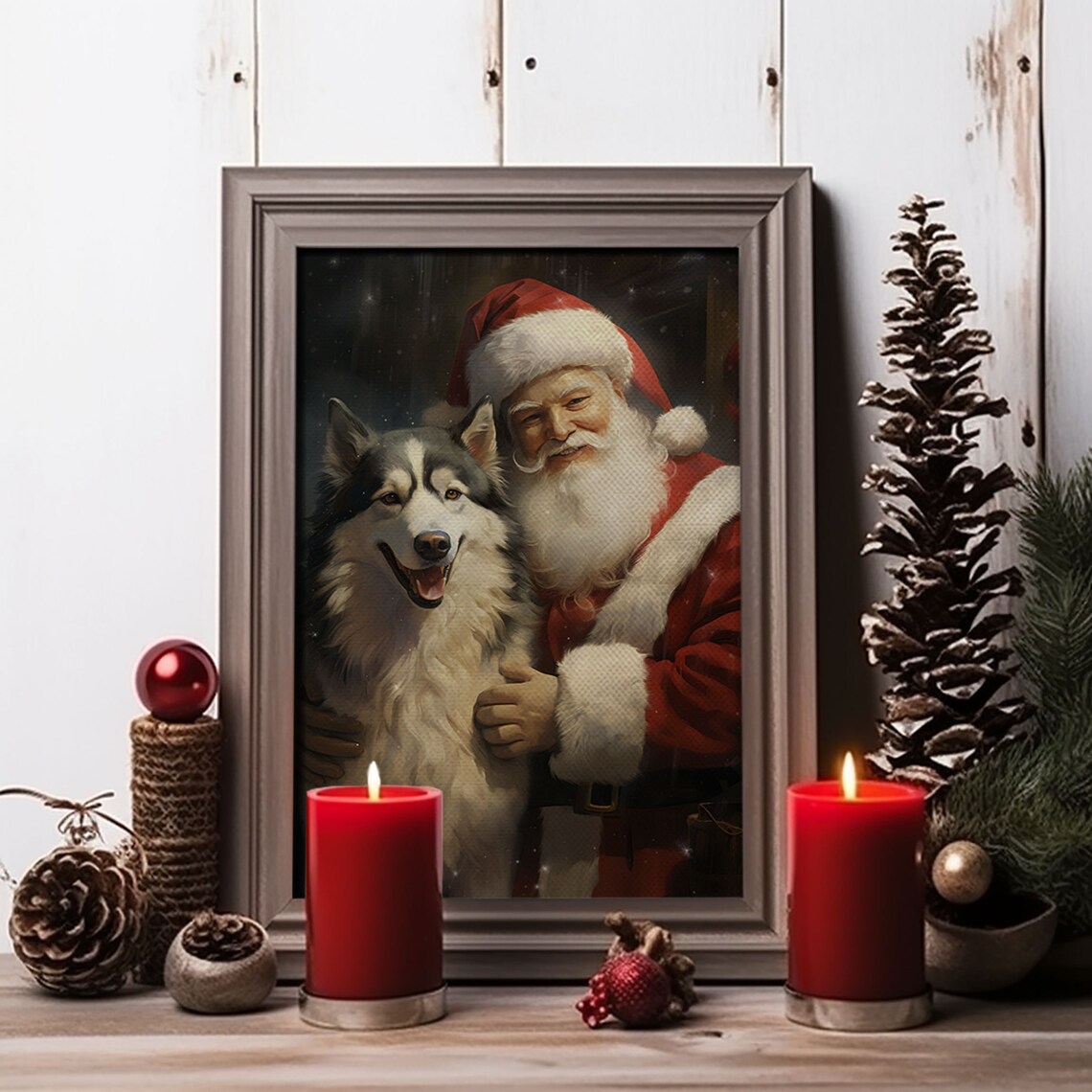 Santa Claus With Alaskan Malamute Dog Christmas Portrait Poster - Image 3