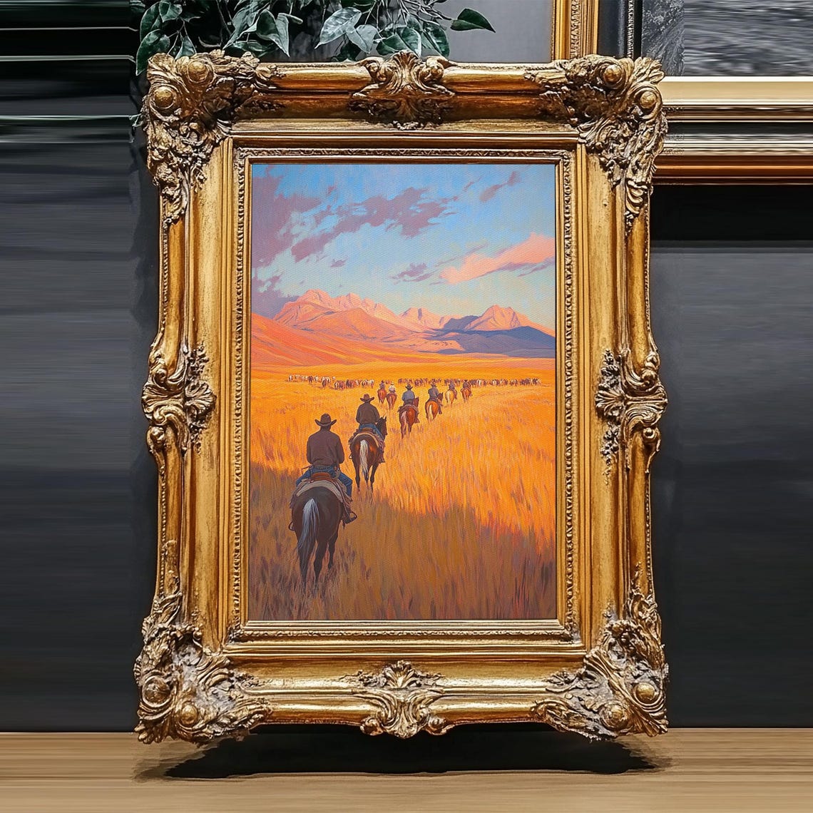 Cowboys Riding Golden Grassland Toward Mountains Sunset Poster - Image 5