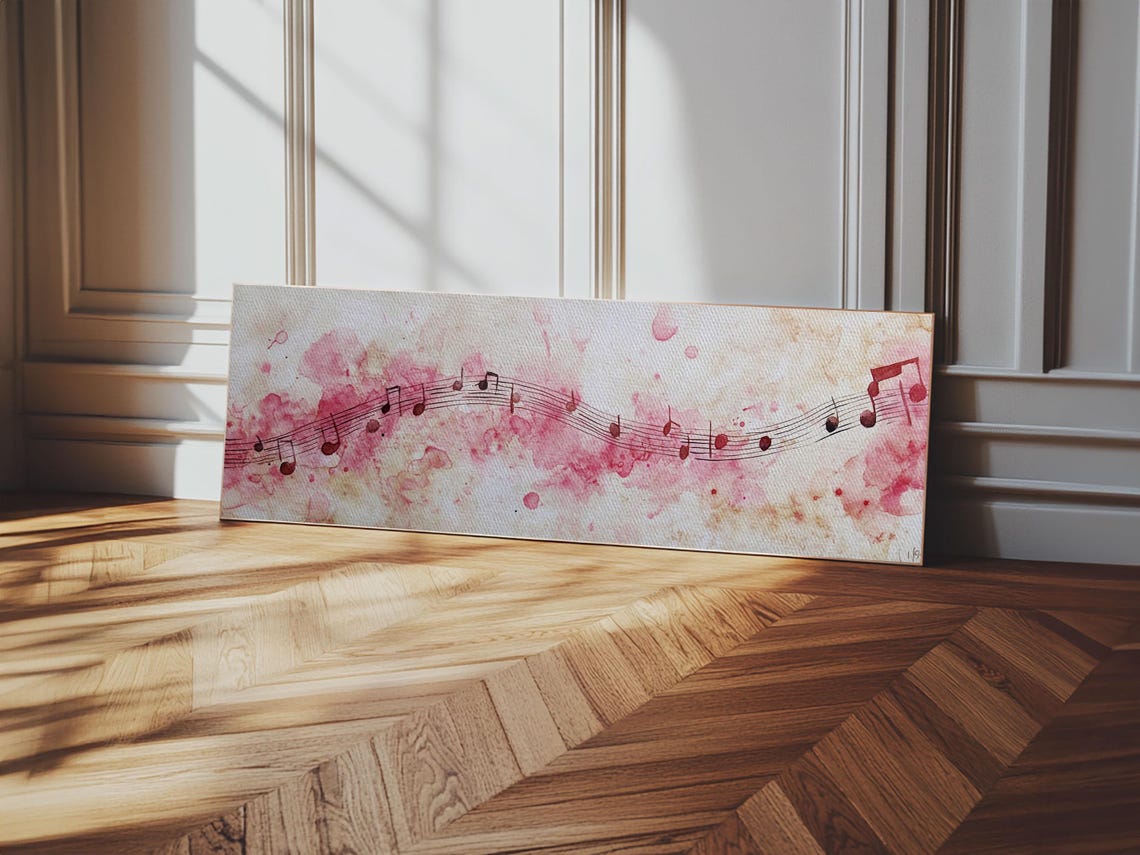 Pink Musical Notes Watercolor Staff Melody Panoramic Canvas Art Poster - Image 3