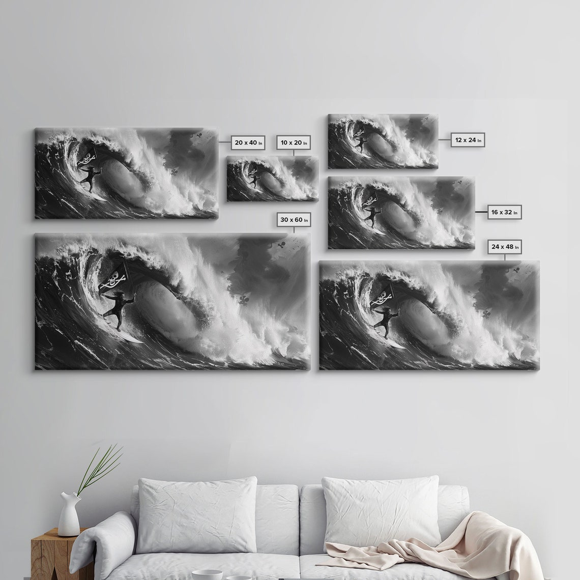 Pirate Surfer Riding Inside Curling Ocean Barrel Black White Print - Image 2