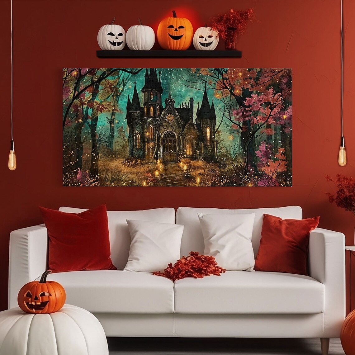 Haunted Gothic House Autumn Woods Glowing Windows Spooky Halloween Wall Art - Image 6