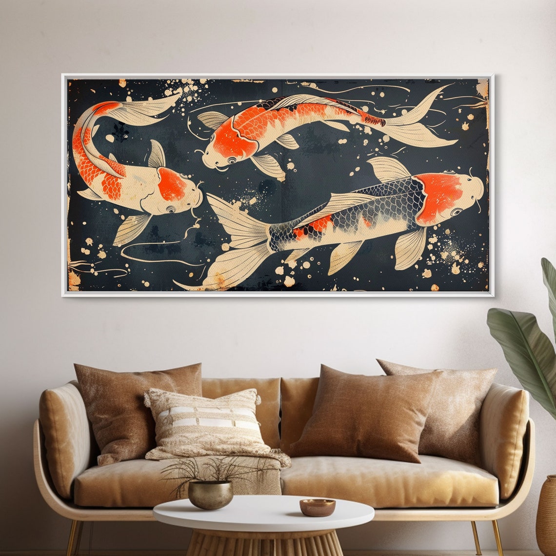 Japanese Koi Fish Trio Ukiyo E Style Dark Teal Water Zen Art Poster - Image 6