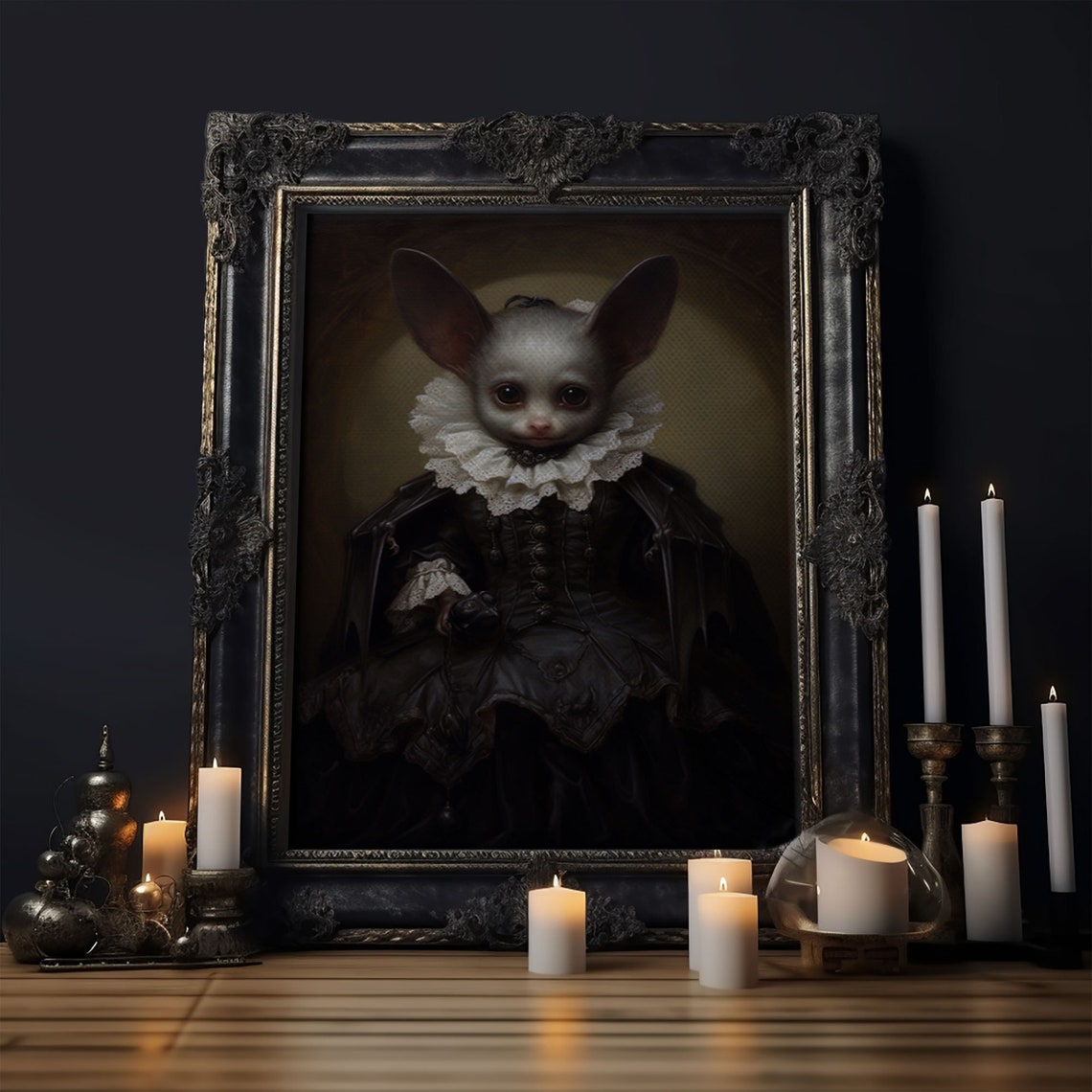 Cute Vampire Bat In Victorian Dress With Lace Collar Halloween Print - Image 6