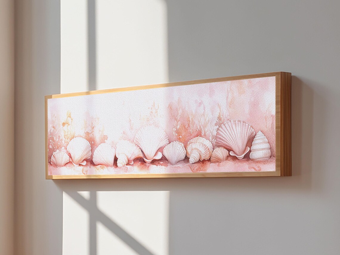 Blush Pink Seashells Row Watercolor Coastal Beach Panoramic Canvas Art Poster - Image 2