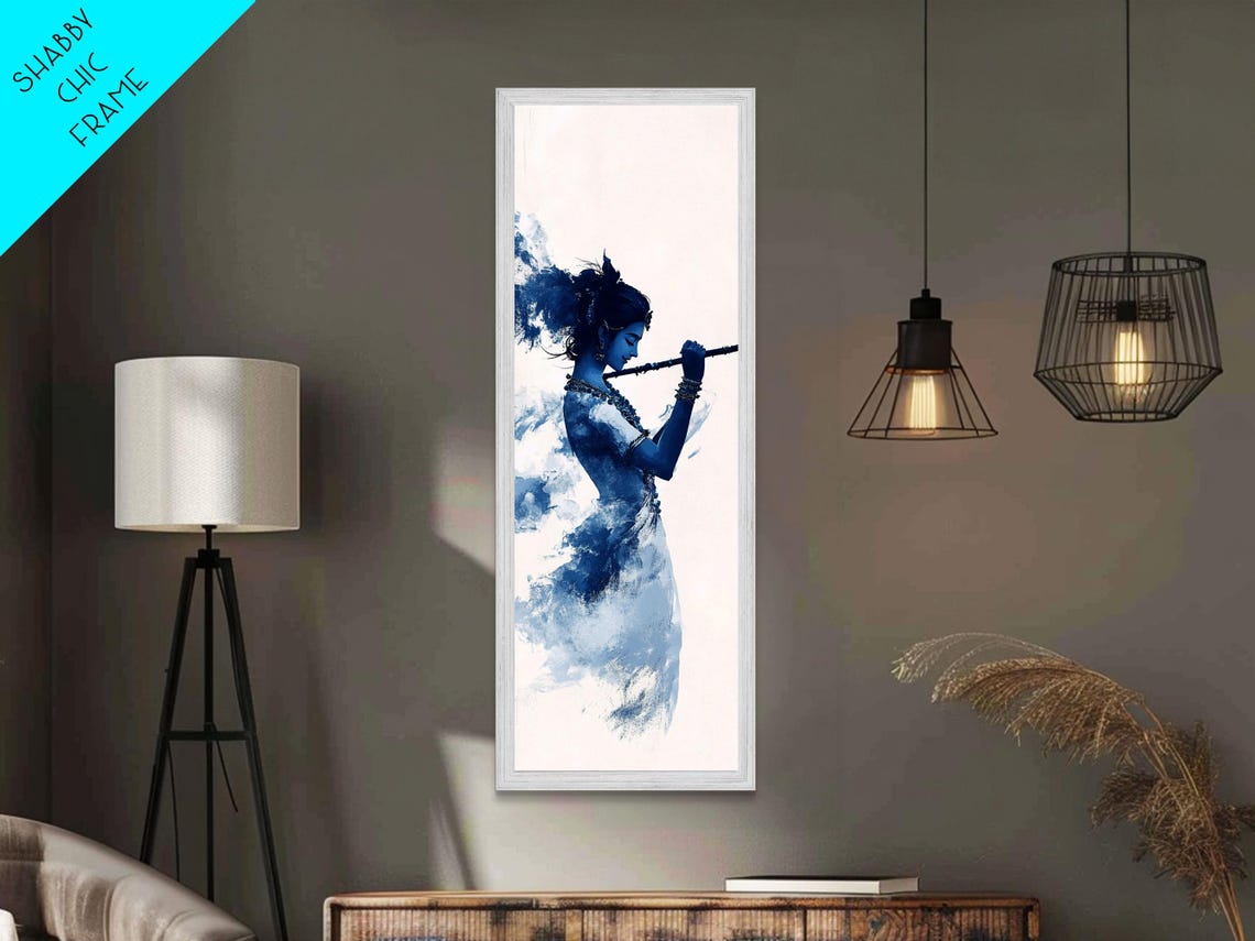 Krishna Playing Flute Blue Watercolor Hindu Devotional Art Poster - Image 4