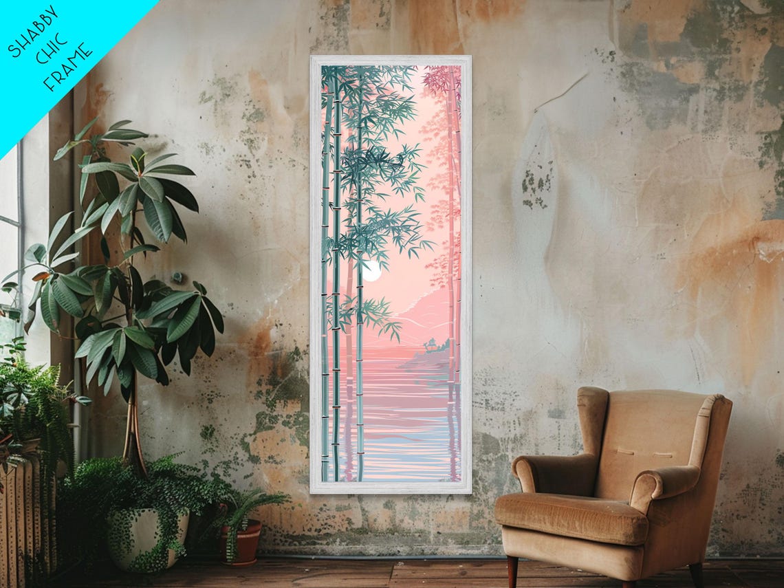 Bamboo Forest Soft Pink Light Moonlit Water Reflection Art Print - Image 4