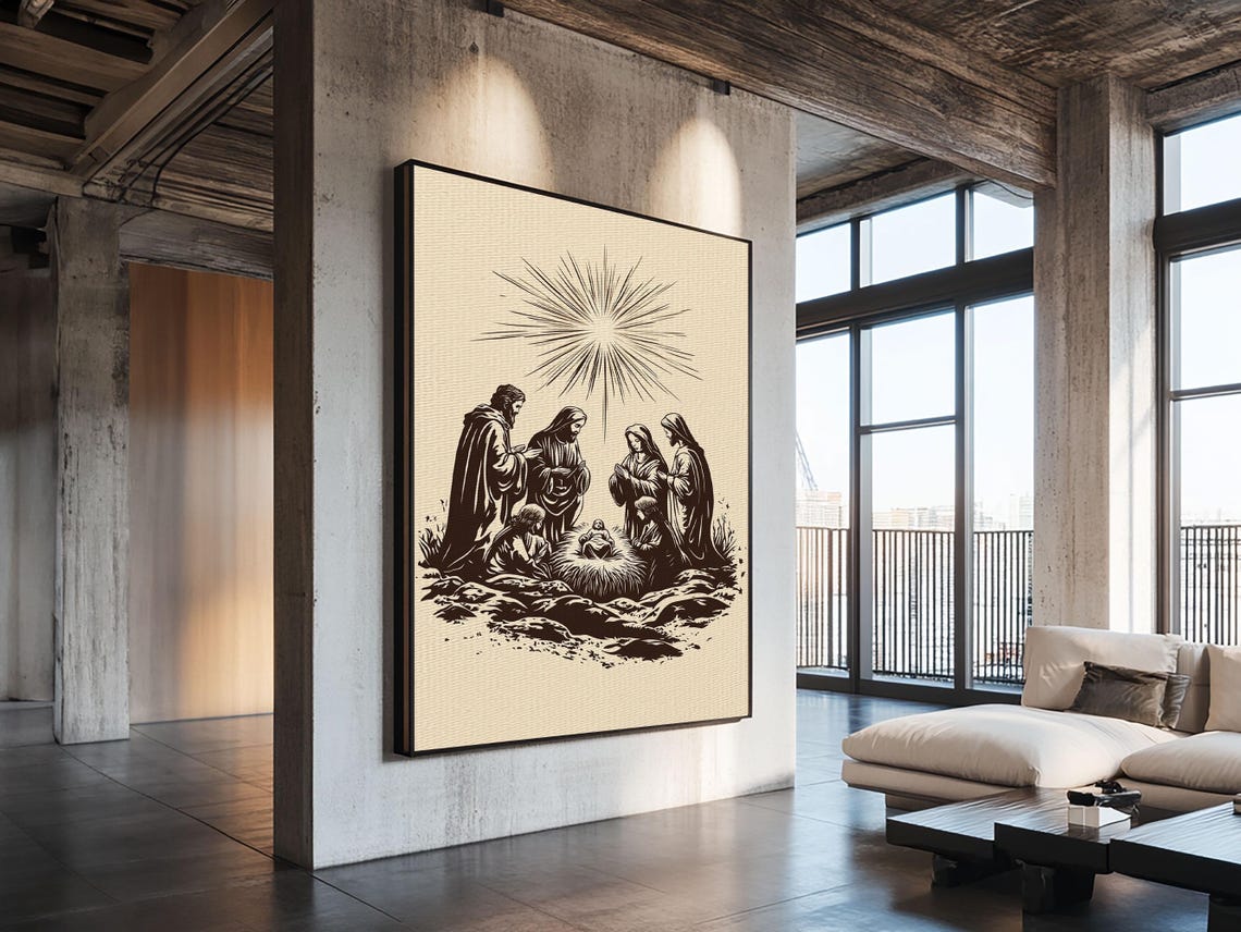 Nativity Scene Under Radiant Star Black Silhouette Christmas Poster - Image 5