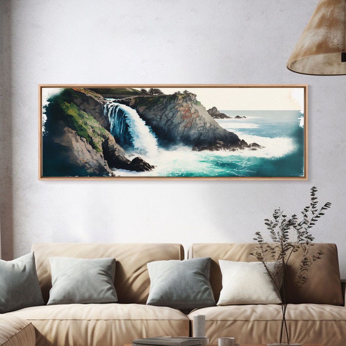 Panoramic Coastal Waterfall Rocky Cliff Ocean Waves Watercolor Poster - Image 4