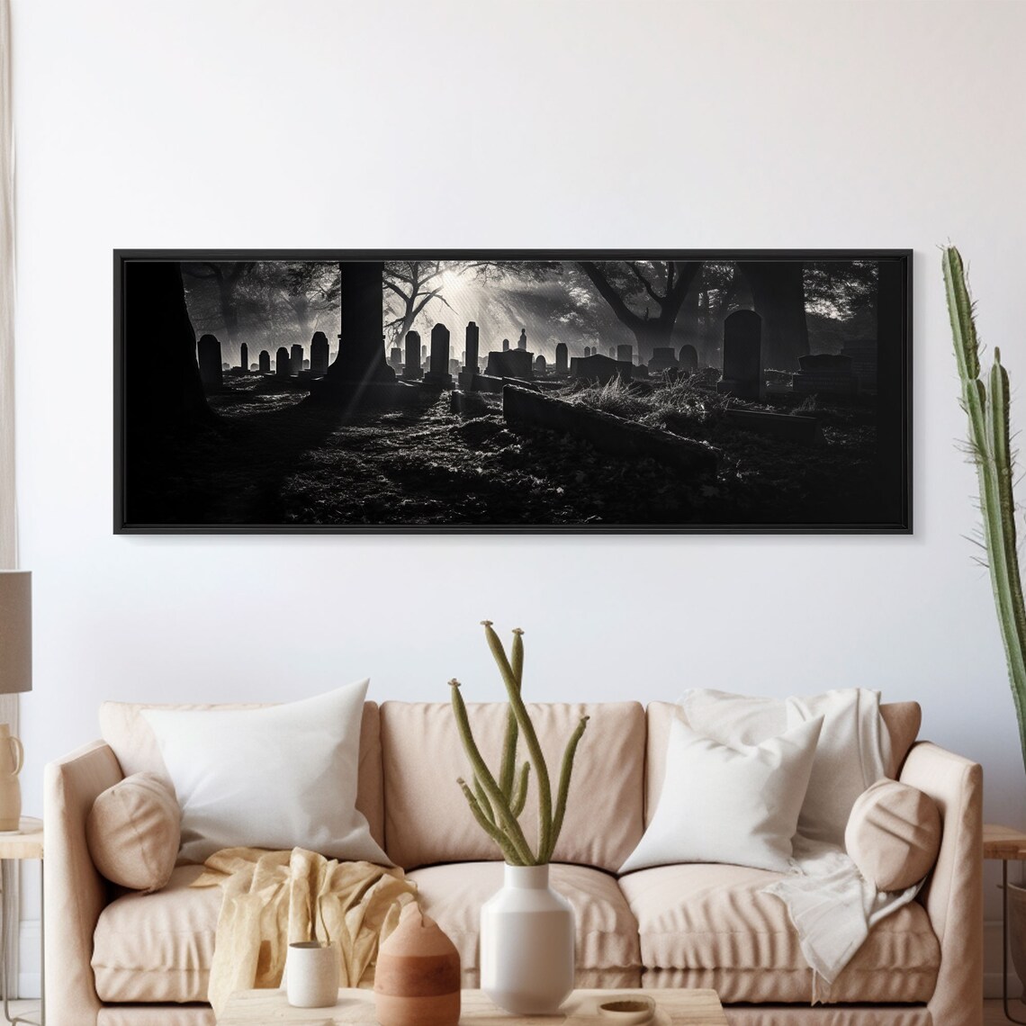 Creepy Cemetery, Black and White Halloween Art Print