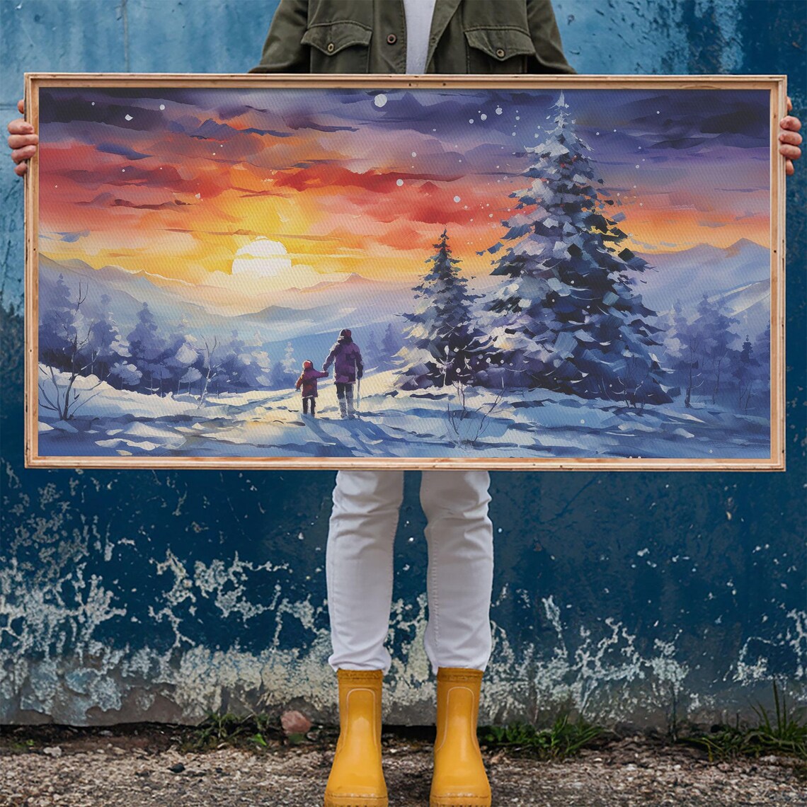 Parent And Child Hiking Through Snowy Pines At Sunset Winter Print - Image 6