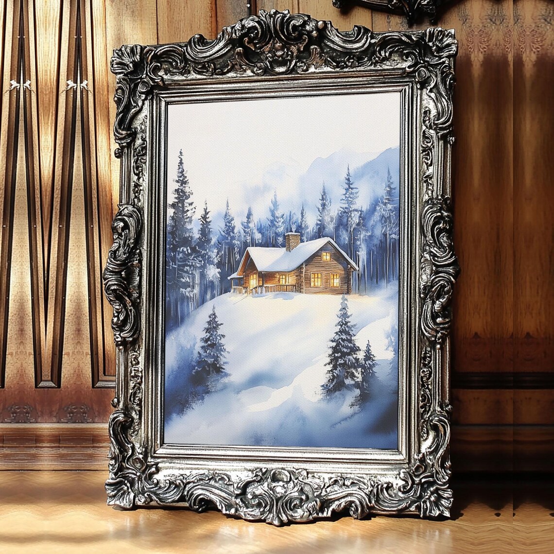 Winter Wonderland Log Cabin Snowy Pines Glowing Watercolor Wall Art - Image 3