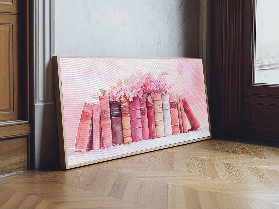 Pink Book Stack With Blossoms Wide Horizontal Library Watercolor Art Poster - Image 2