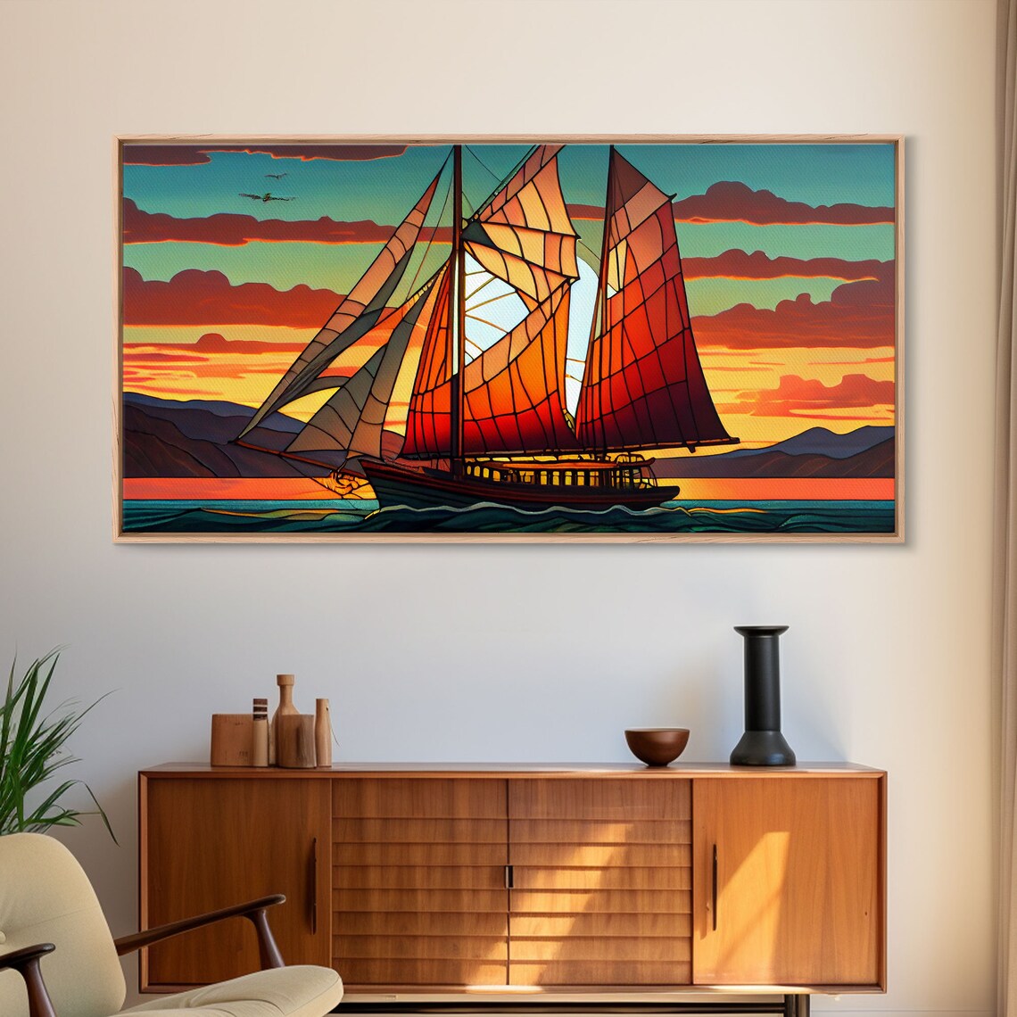 Stained Glass Sailboat Sunset Art Deco Nautical Seascape Ocean Poster