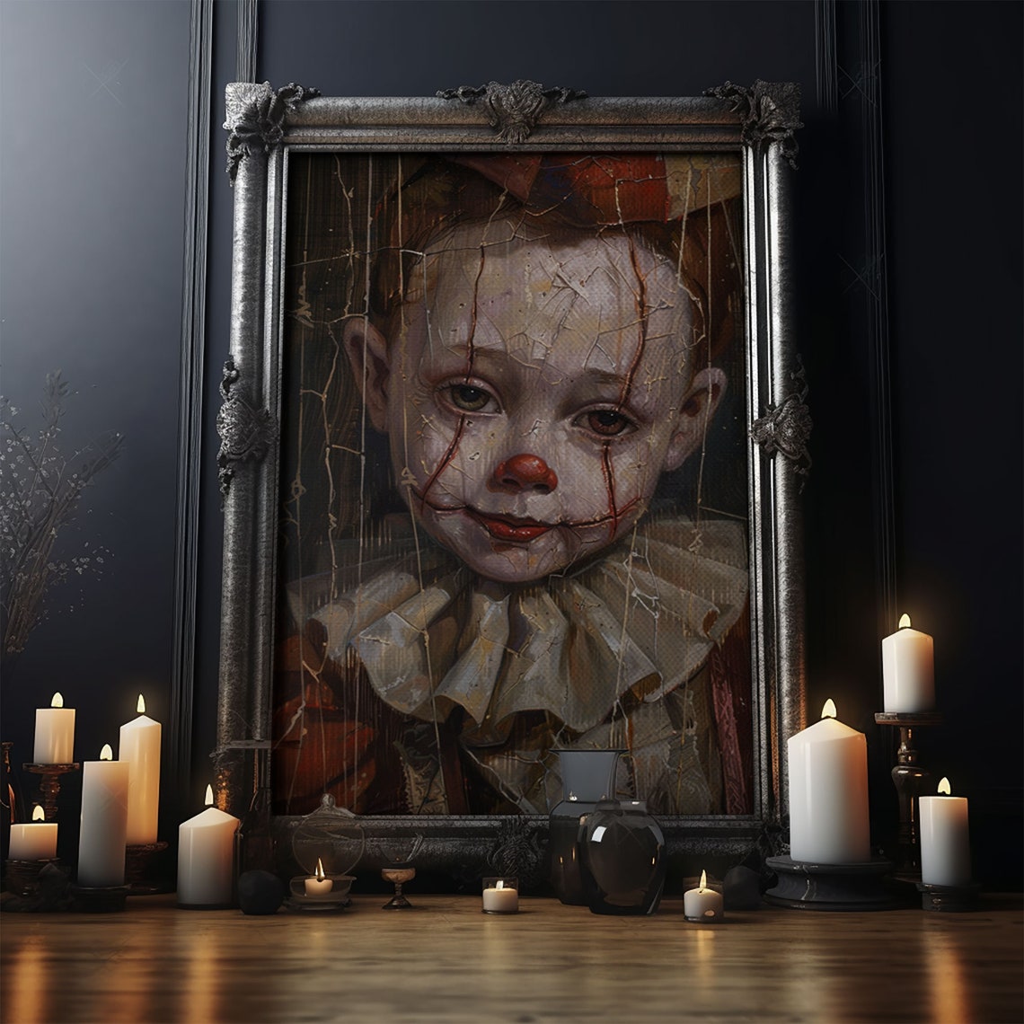Haunting Creepy Clown Portrait With Cracked Face Spooky Wall Art - Image 5